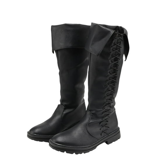 Cos-Animefly Vintage Medieval Viking Black Leather Boots Men's Knight Long Boots Lace Shoes Gothic Carnival Party