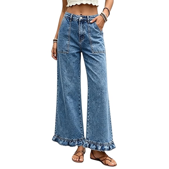 Womens Ruffle Wide Leg Jeans Cropped High Waisted Baggy Trendy Denim Pants with Pockets Stretch Jean