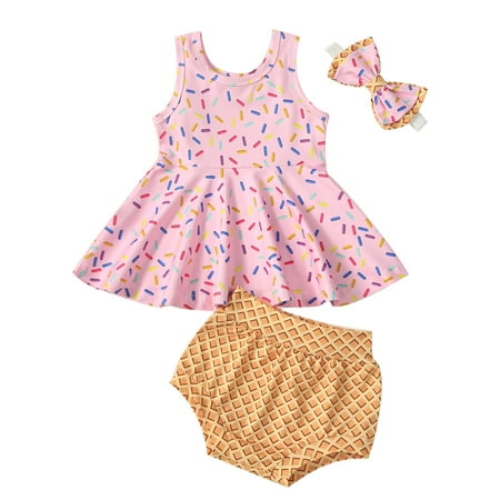 

Wallarenear 3Pcs Baby Girls Suit Cartoon Print Tank Tops Elastic Waist Shorts with Headband
