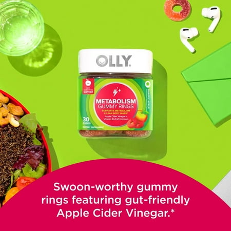 OLLY Metabolism Gummy Rings, Apple Cider Vinegar, Vitamin B12, Chromium, Apple Flavor, 30 Ct