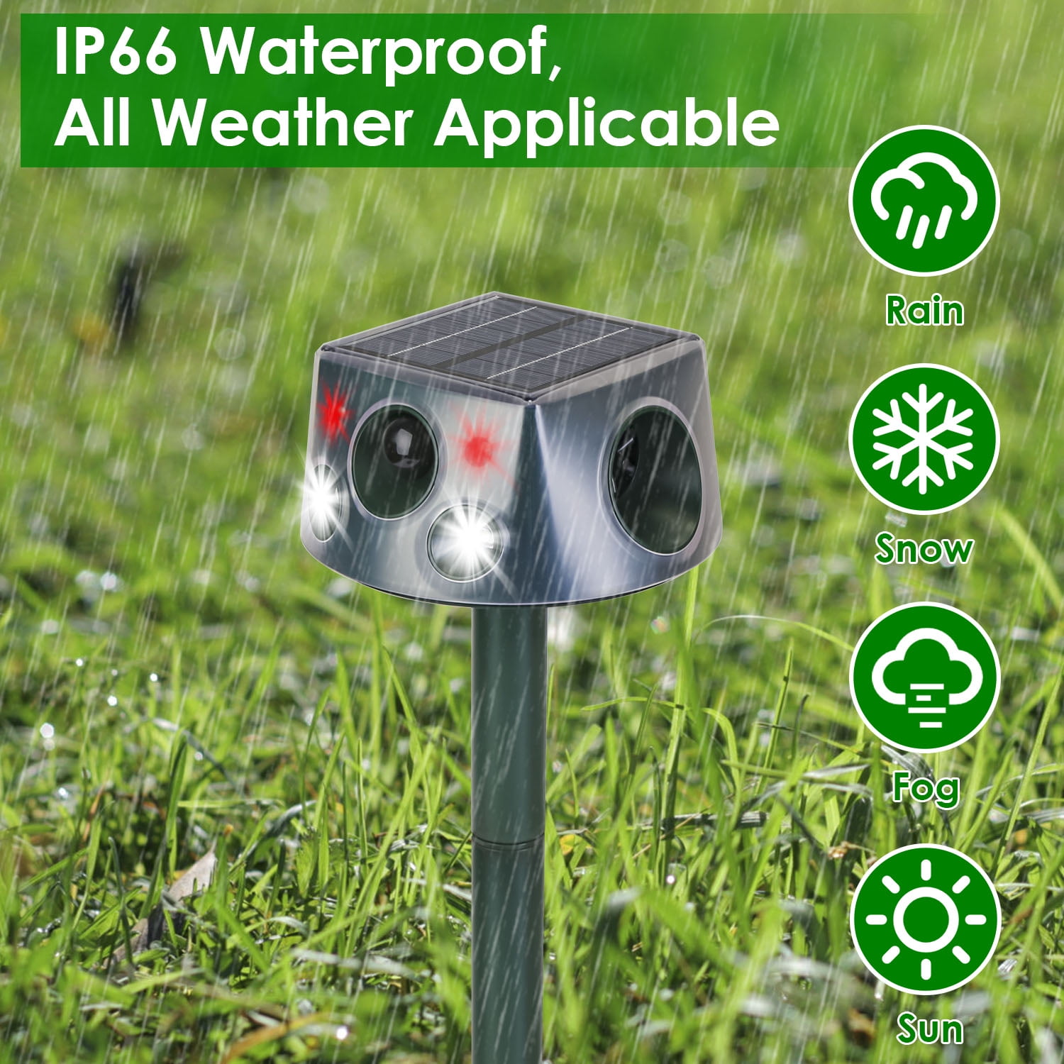 Solar Ultrasonic Animal Repeller Rechargeable 2200mAh Garden Pest Deterrent with Strobe Alarm Vibration IP66 Waterproof Motion Sensor for Moles Bats Squirrels Birds Yard Farm Lawn Outdoor
