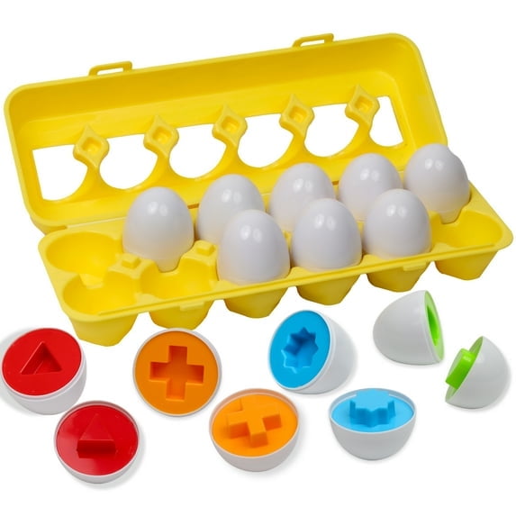 Juego de 12 huevos para emparejar: rompecabezas de reconocimiento de colores y formas para niños pequeños. Ideal para Pascua. Regalo perfecto para niños de 1, 2 y 3 años.