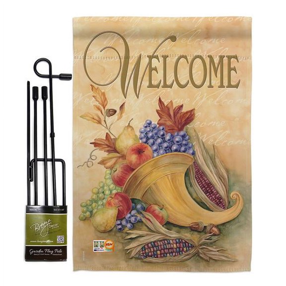 Breeze Decor BD-HA-GS-113042-IP-BO-D-US12-AM 13 x 18.5 in. Autumn Cornucopia Fall Harvest & Vertical Double Sided Mini Garden Flag Set with Banner Pole
