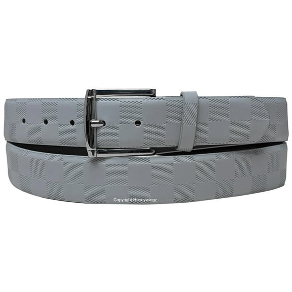 Gray Embossed Checkers Bonded Leather Belt with Silver Chrome Belt Buckle