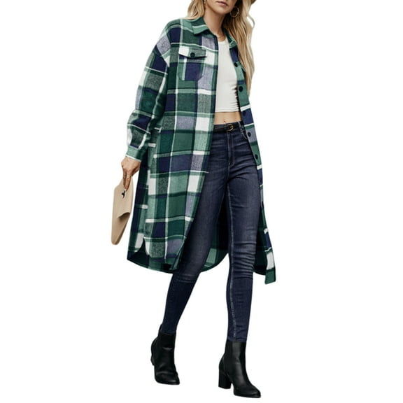 Women Fall Flannel Plaid Long Sleeves Jacket Oversized Button Down Long Shirt Jacket Green XL