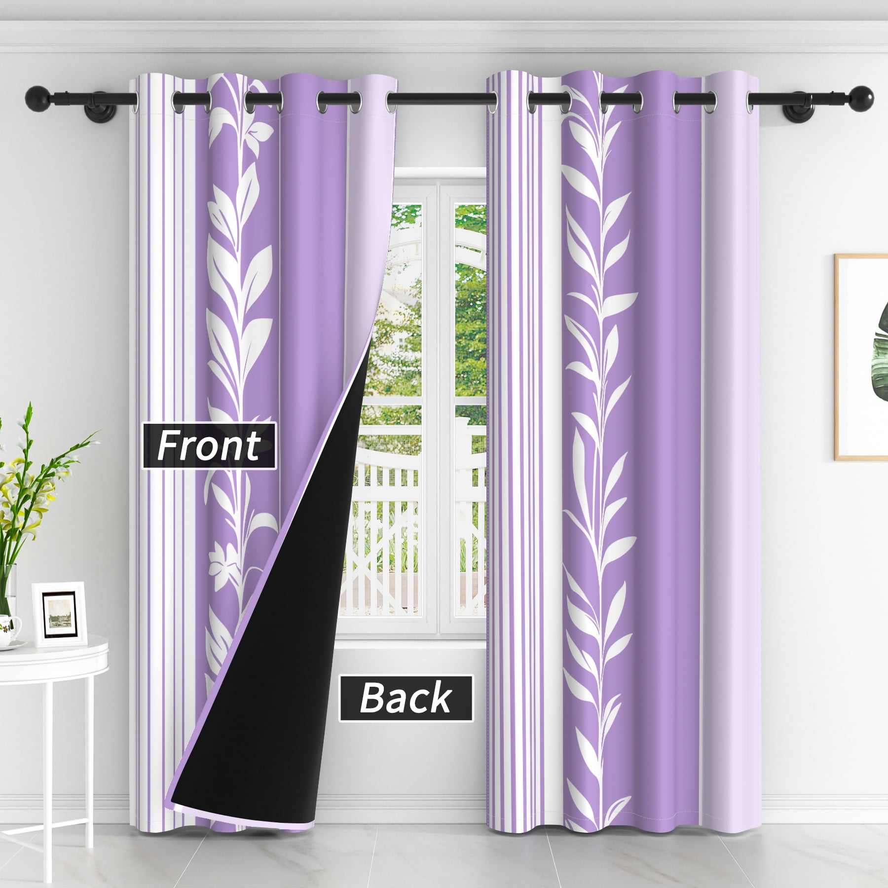 Lfeey Purple with White Floral Blackout Curtain, Bedroom Room Darkening Grommet Curtains, 42x63 inches, 2 Panels