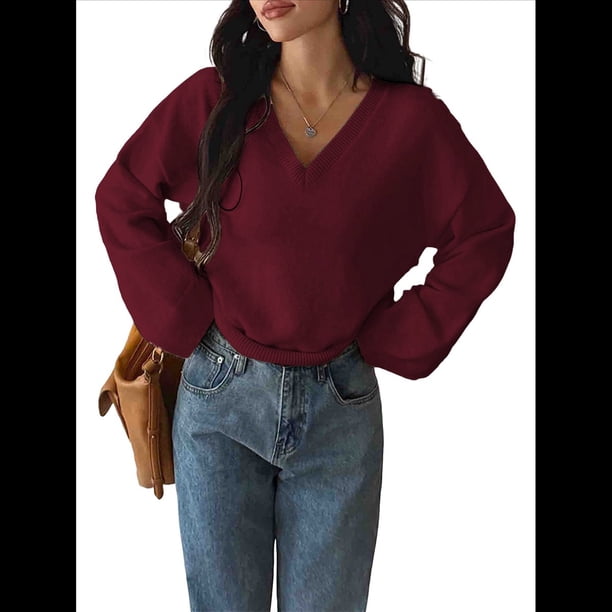 Suéter de Larga de Otoño para Mujer, Cuello en V, Informal, Ligero, de Punto Vino Tinto L