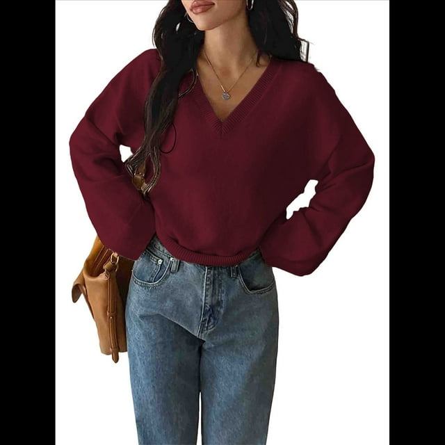 Suéter de Larga de Otoño para Mujer, Cuello en V, Informal, Ligero, de Punto Vino Tinto S
