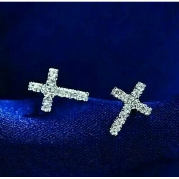 2Ct Round Cut Real Moissanite Cross Women's Stud Earrings 14k White Gold Plated