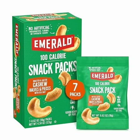 Emerald Nuts Roasted and Salted Cashews 7ct (1-Pack), 100-Calorie Individual Packs, Kosher Certified, Non-GMO, Contains No Artificial Preservatives, Flavors or Synthetic Colors( Pack of 2 )