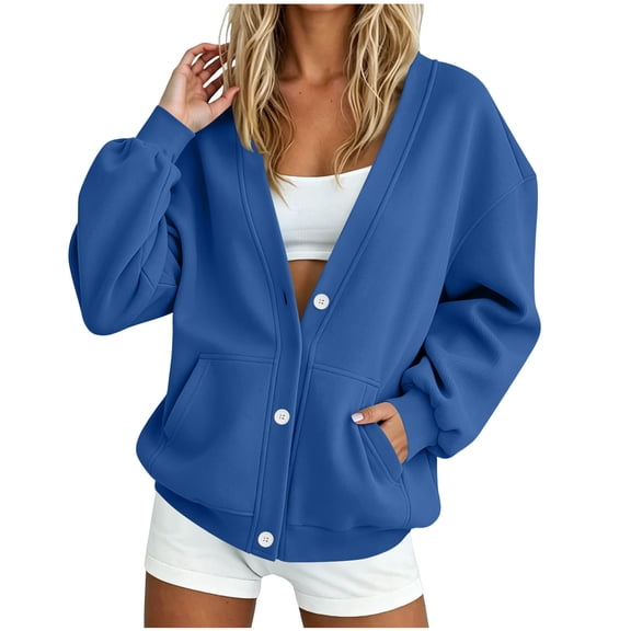 Sevevn Women's V Neck Button Down Sweatshirt Cardigan Long Sleeve Loose Oversized Jacket with Pockets Navy S