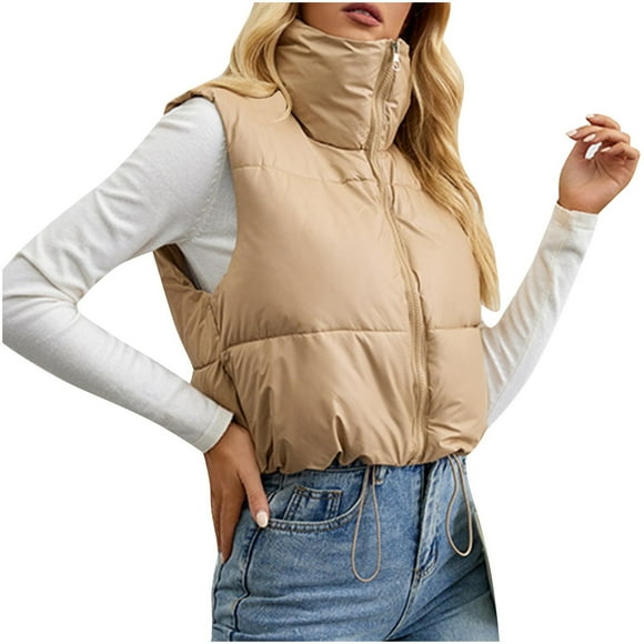 Htigea Clearance Women's Outwear Vest Stand Collar Sleeveless Lightweight Oversized Zip Bubble Puffer Vest for Women Fall Savings Khaki,XL