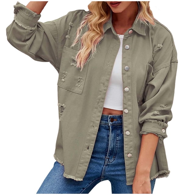 Yuyuzo Womens Denim Jackets Long Sleeve Turndown Collar Frayed Button down Jacket Solid Color Fall Tops