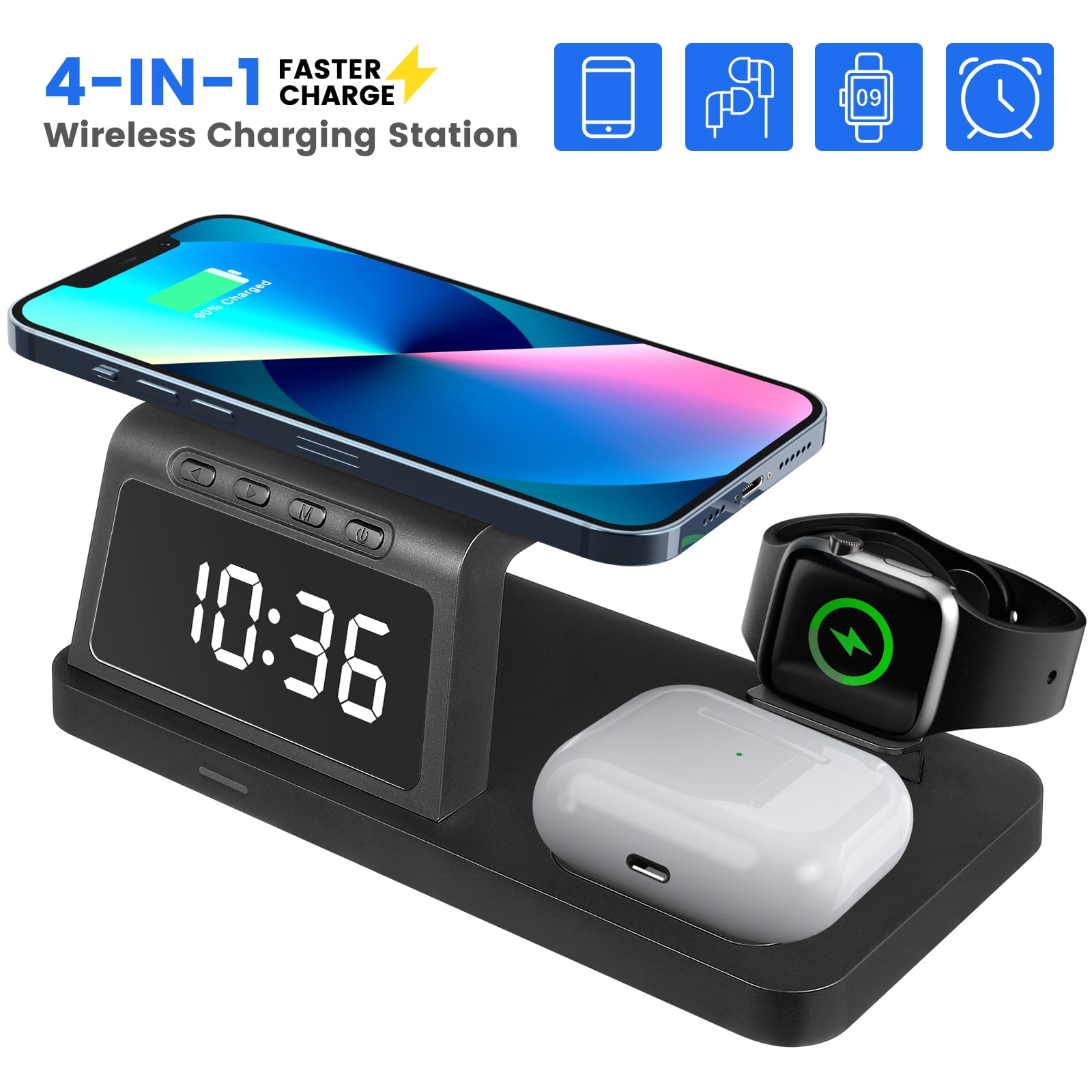 4 in 1 Wireless Charging Station with Digital Clock and Night Light