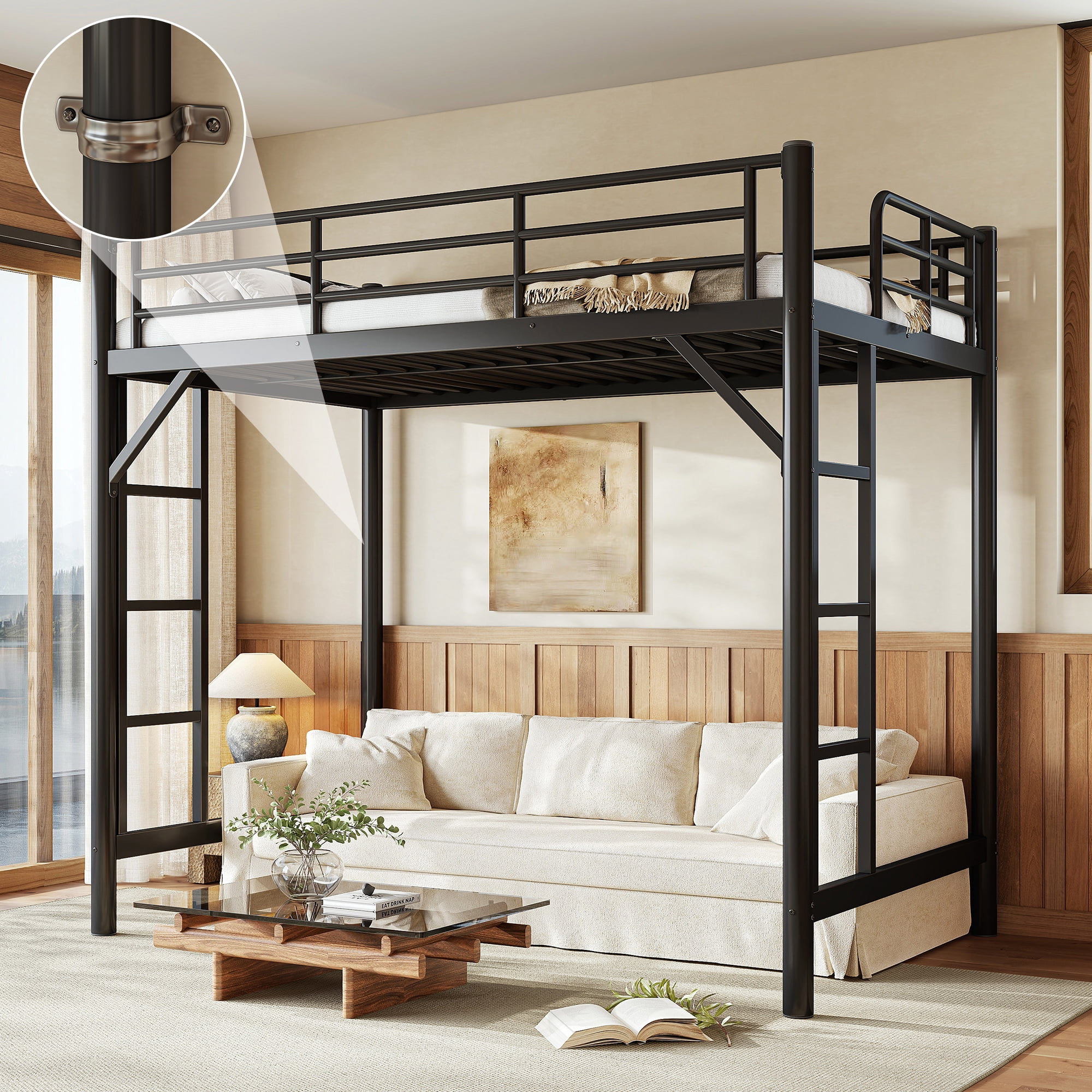 Leumius Twin Size Metal Loft Bed,Heavy Duty Metal Bed Frame with 2 Ladders and Full-Length Guardrail,Sturdy Steel Slats Support,