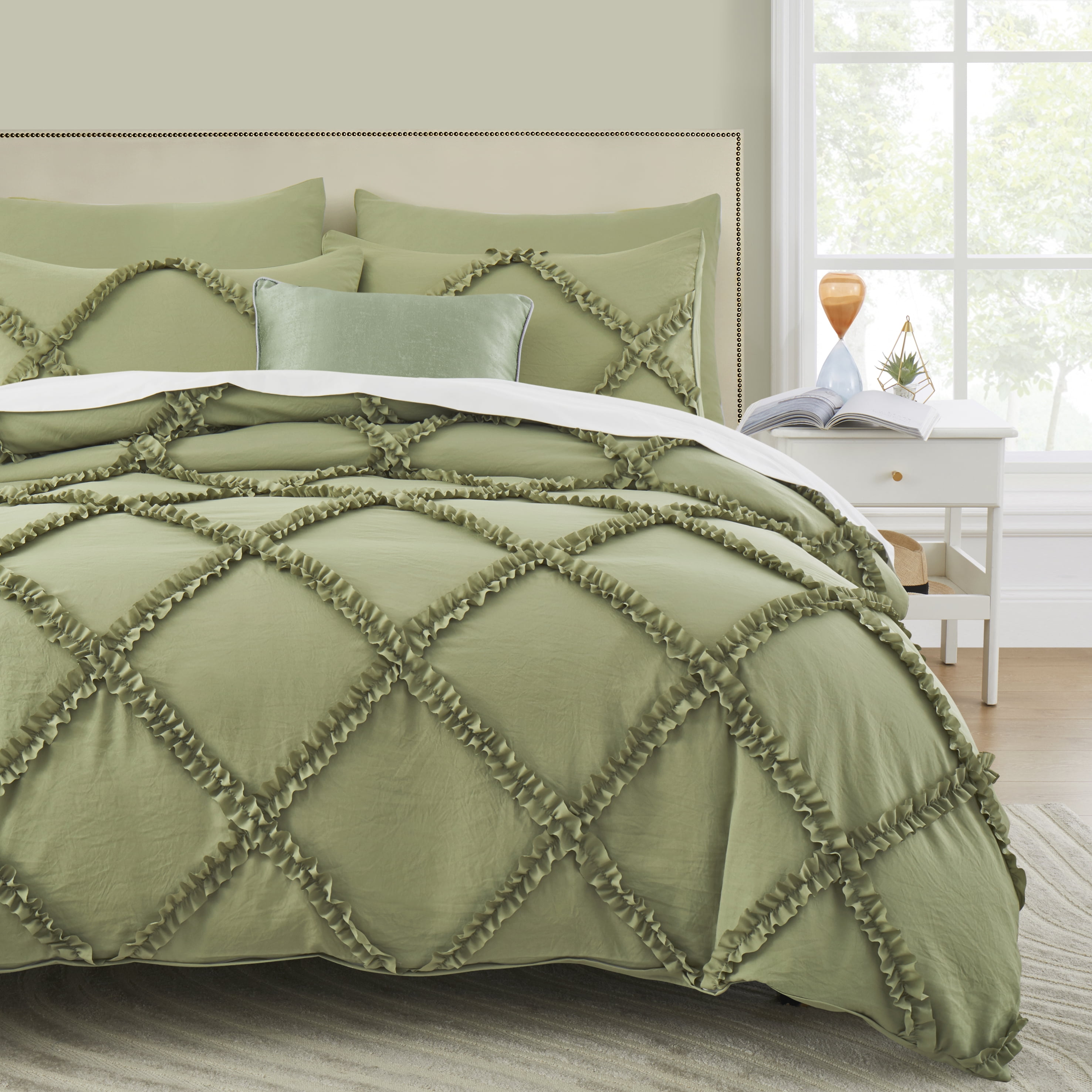 Sage Green Duvet Cover Queen Size Ruffle Queen Duvet Cover Set, 5 Pieces Textured Duvet Covers
