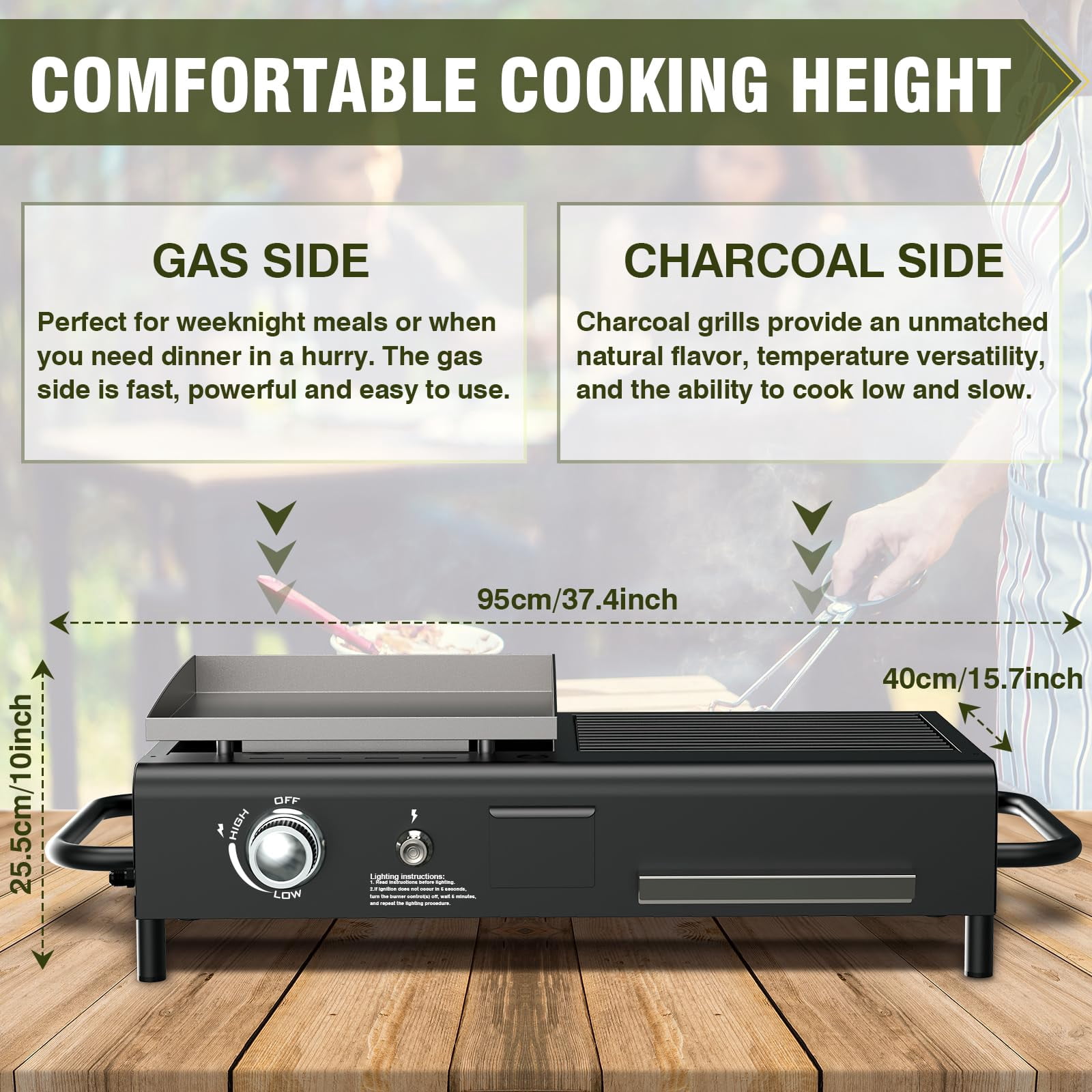Frizi Flat Top Griddle with Dual Fuel, Tabletop Propane & Charcoal Grill Combo, 12000 BTU, 2 Side Shelves – Compact BBQ Grill for Patio, Camping & Small Outdoor Spaces