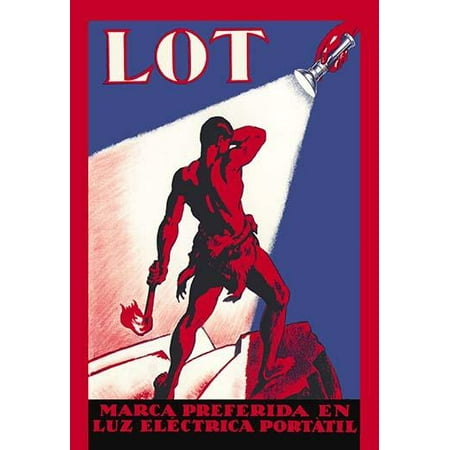 Spanish advertising poster for a portable light a flashlight made my the company Lot  The preferred mark in prortable light   The great graphic is of Prometheus a Titan in Greek mythology best known