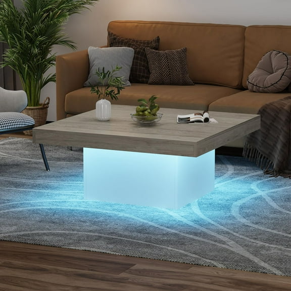 Danolapsi 35 inch Square Coffee Table with Led Lights, Living Room Tables, Modern Coffee Tables with Plug-in 16-Color LED Lights, Cocktail Table for Home Office, Apartment, Reading Room