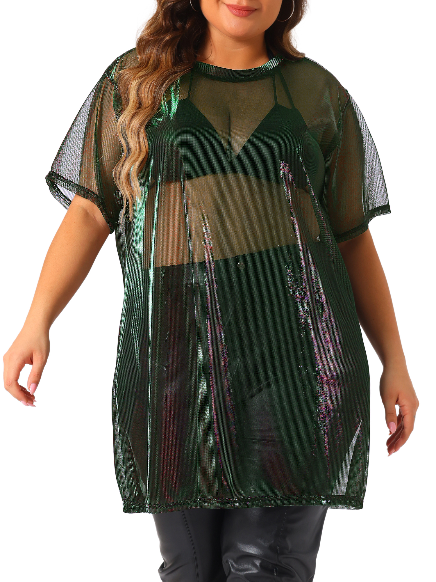 DARING DIVA Women's Plus Size See Through Holographic Long Blouse 3X Purple Green