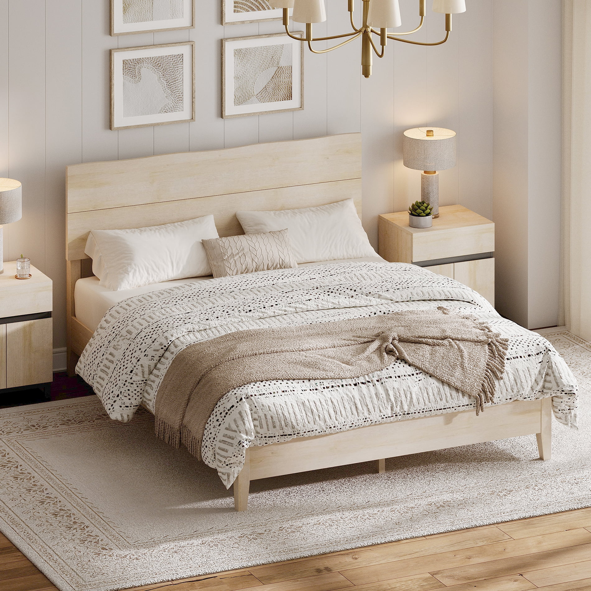 Queen Size Bed Frame with Minimalist Wave Headboard, Wooden Platform Bed Frame with Solid Wood Legs and Mid-Beam Support for Bedroom Furniture, Beige