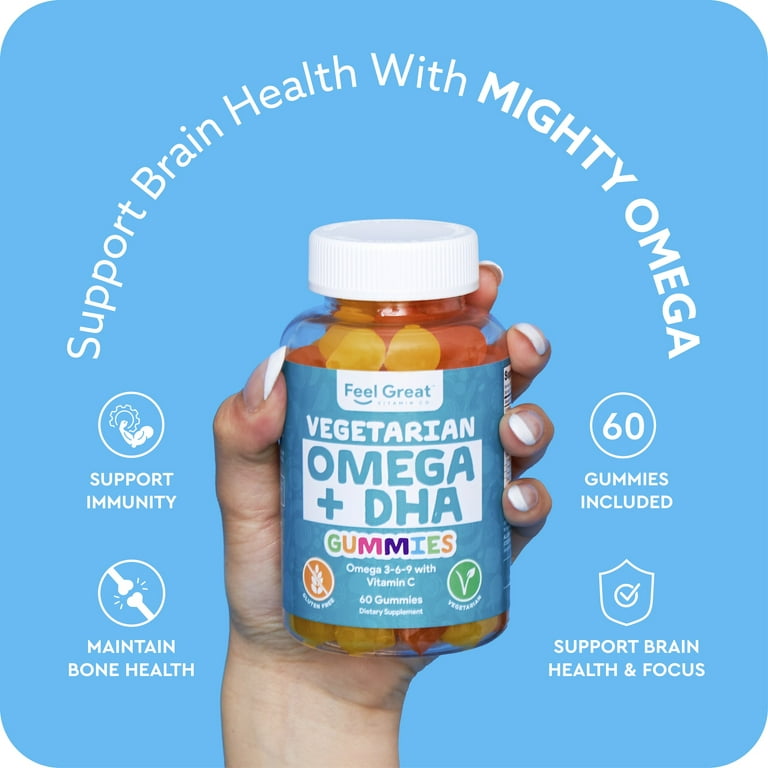 DHA Omega Vegetarian Gummy Vitamins by Feel Great 365 Packed with Vitamin C Chia and Omega 3 6 9 Supports Brain Immune Functions Men Women