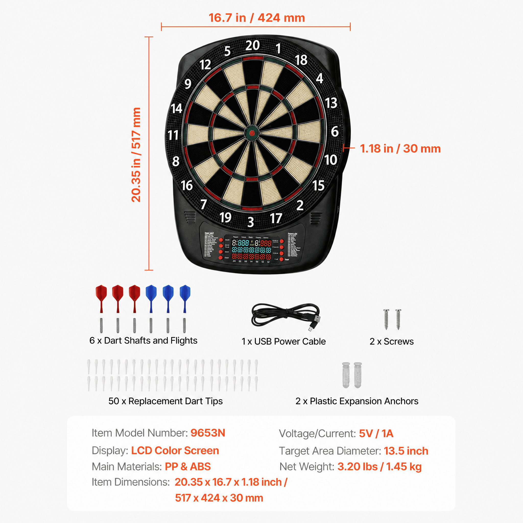 Electronic Dartboard 43 Game Modes 200+ Combinations 8 Players Color LCD for Home Office Bar Party