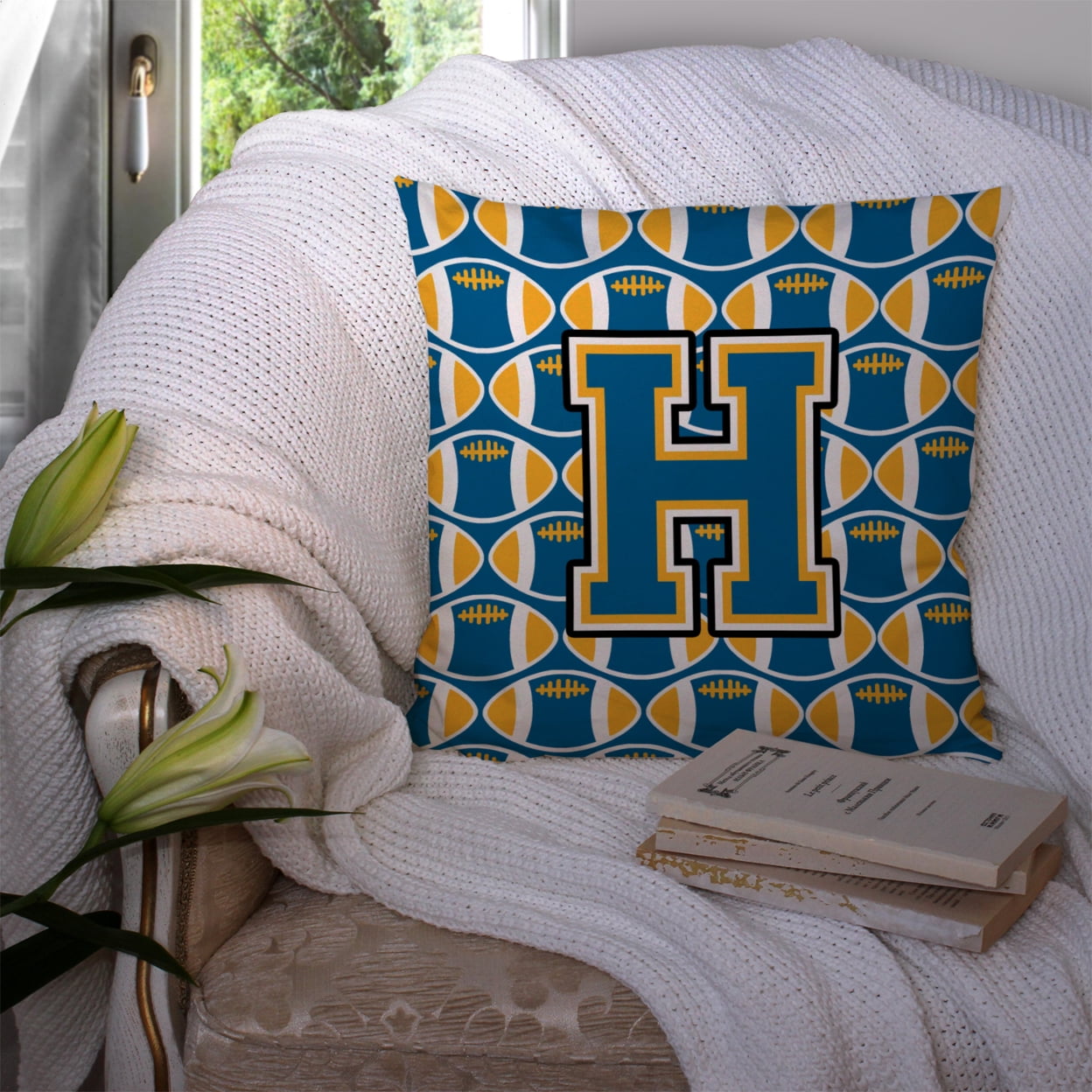 Letter H Football Blue and Gold Fabric Decorative Pillow