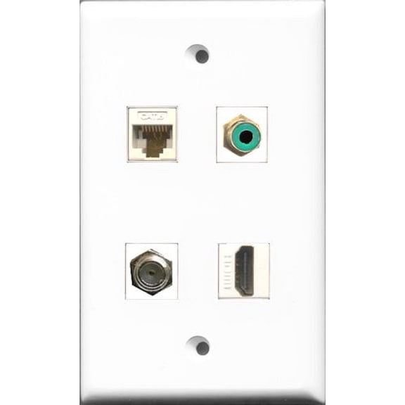 RiteAV 1 Port HDMI and 1 Port RCA Green and 1 Port Coax Cable TV- F-Type and 1 Port Cat6 Ethernet White Wall Plate