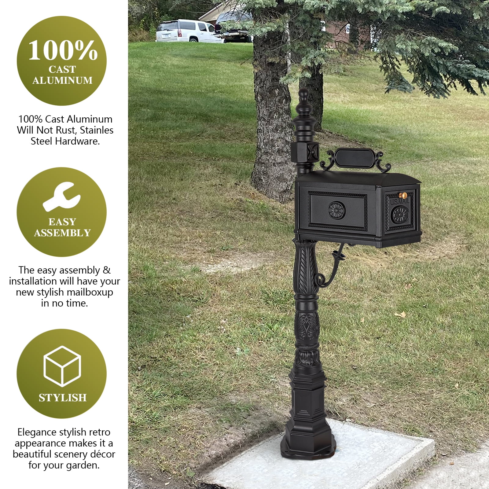 BETISEF Cast Aluminum Mailbox Barcelona Decorative Post Mail Box Combination Stratford Heavy Duty