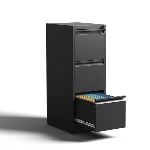 Office 3-Drawer Black Steel Filing Cabinet Full Extension Drawers Smooth and Quiet