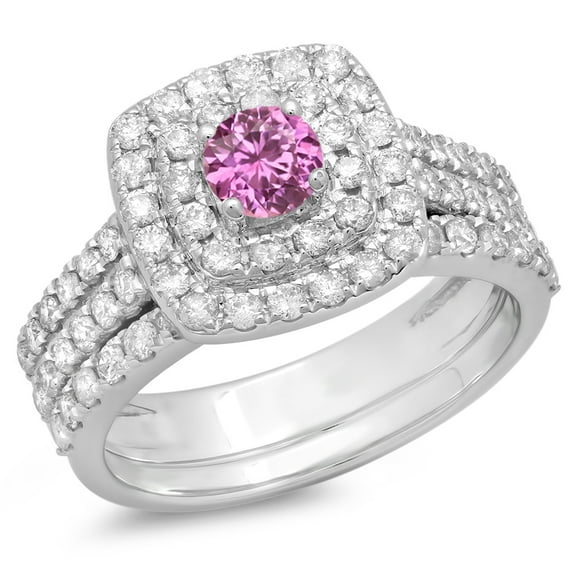 Dazzlingrock Collection 10K Round Pink Sapphire & White Diamond Ladies Halo Bridal Engagement Ring Set, White Gold, Size 7.5