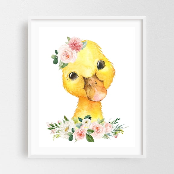 Duck, Farm Animals, Barn Animals, Barnyard, Pink Flowers, Girl Nursery - Illustration Watercolor Animal Floral Whimsical White Framed Wall Art Print 8 x 10 inches
