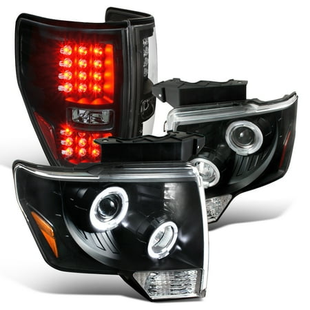 Euro Tail Lamps Crystal - Spec-D Tuning Euro Black 2009-2013 Ford F150 Halo Rim Projector Headlights + Full Led Tail Brake Lamps (Left + Right) 09 10 11 12 13