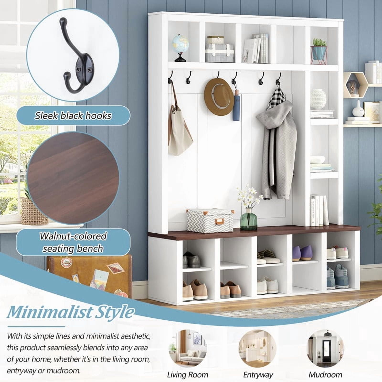Farmhouse 4-in-1 Entryway Hall Tree with 6 Hooks, Versatile Storage Bench with Open Cubbies, Entryway Coat Rack with Adjustable Shelves for Mudroom, Living Room
