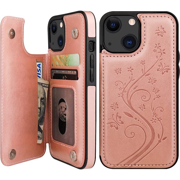 Compatible with iPhone 13 Case Wallet with Card Holder, Embossed Butterfly Pattern PU Leather Double Buttons Flip Shockproof Protective Cover for Magnetic Car Mount 6.1 Inch (Rose Gold)