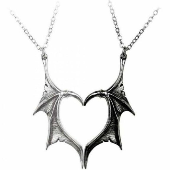 2 Pcs Punk Heart Wing Necklace for Him & Her Vintage Bat Wing Heart Pendant Couples Necklace Set Valentine's Day Gifts