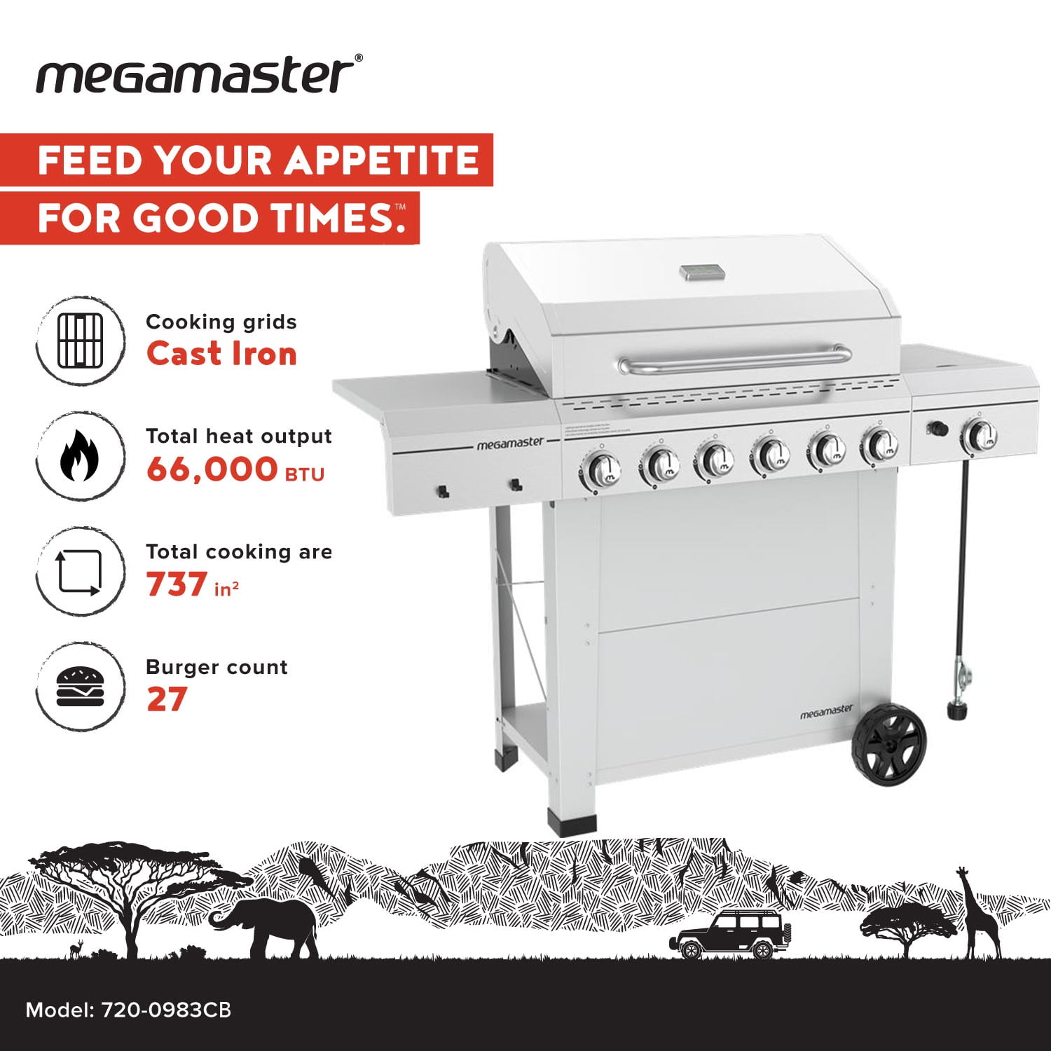Megamaster 6-Burner Gas Grill with Side Burner, Stainless Steel Lid Temperature Gauge, 66,000 BTUs, 737 SQ. In. Cooking Area, Propane BBQ Grill for Outdoor Cooking, Patios, and More - 720-0983CB