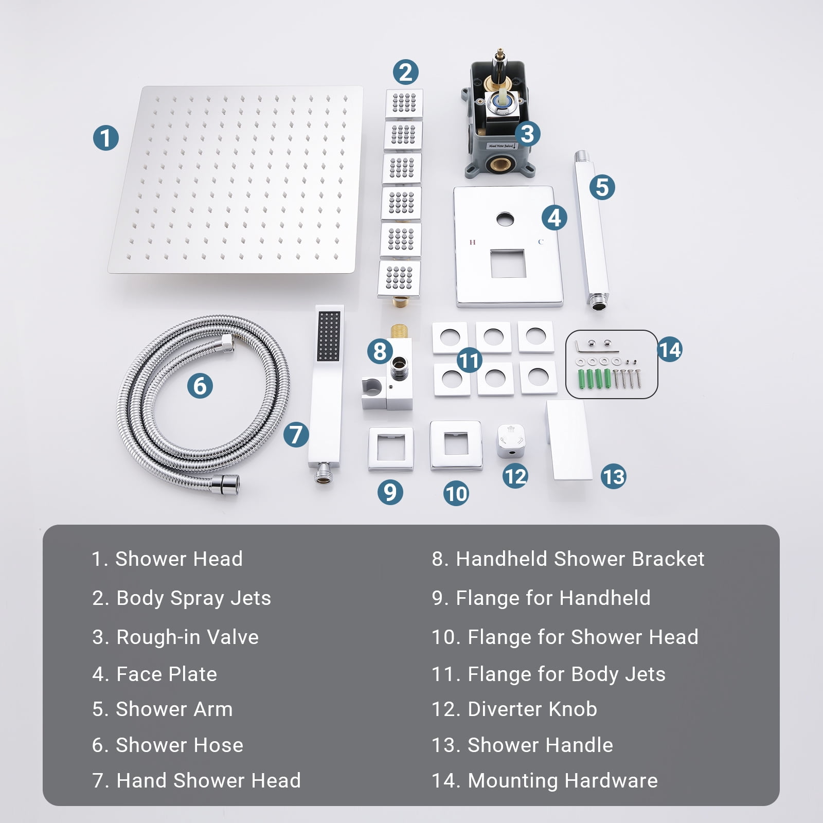 Full Body Shower System with Body Shower Spray Jets, 12'' Ceiling Shower Head System with Jets & Hand Shower, Polished Chrome Rain Shower System Faucet Set with Jets & Valve