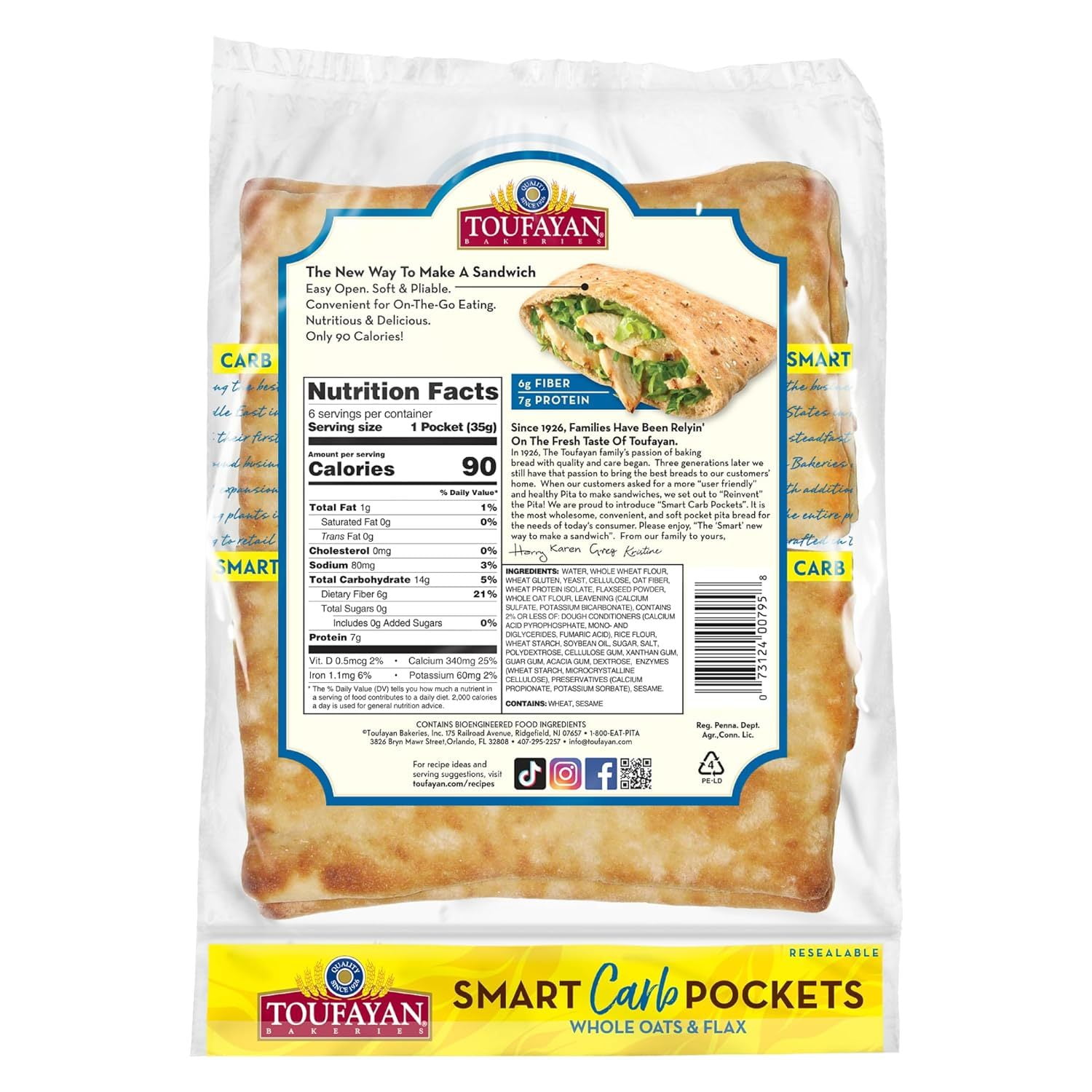 Toufayan Smart Carb Smart Pockets Pita Bread | Made with Whole Oats & Flax | Naturally Vegan (3 Pack)