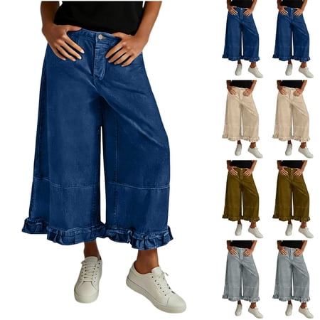 Zormilly Baggy Jeans Women Low Rise Ruffles Cropped Straight Leg Denim Pants with Pockets Fashion Wide Leg Jeans, S-XL