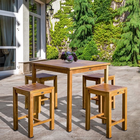 5 Piece Teak Wood Seville Medium Counter Height Outdoor Patio Bistro Set, 4 Counters Stools and 35" Square Table