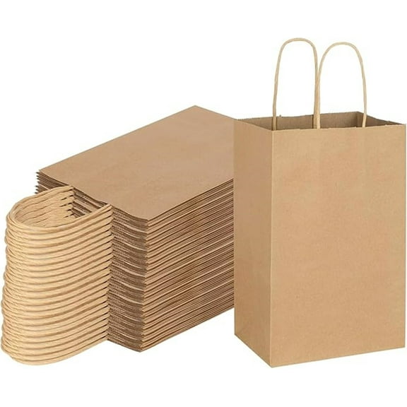 Loopunk 50 Brown Kraft Paper Gift Bags with Handles, 15x21x8cm Small Shopping Bags for Retail, Parties & Gifts
