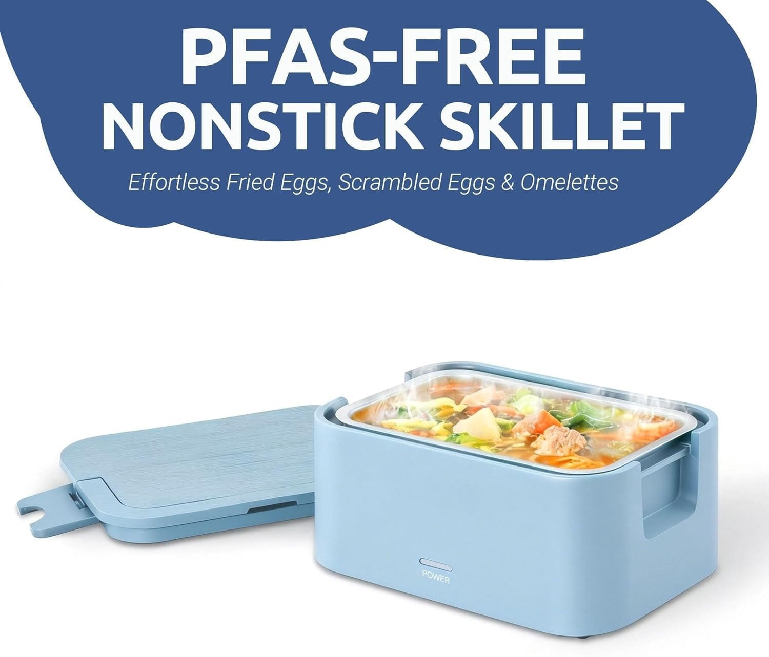 Portable 4 Cup Electric Heated Lunch Box, 33oz  Warmer for Work& Travel, Leak-Proof  Lid, Foldable Carry Handle, Removable Stainless-Steel Container & Detachable Power Cord, Blue