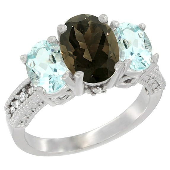 14K White Gold Diamond Natural Smoky Topaz Ring 3-Stone Oval 8x6mm with Aquamarine, size 5
