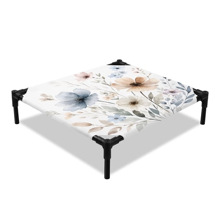 Spring Floral Elevated Dog Bed Botanical Blue Cream Flower Leaf Country Rustic Cooling Breathable Outdoor Raised Dog Cot Bed with Metal Frame Non-Slip Feet for Small Dog 20x20in
