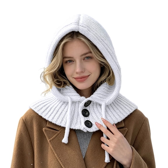 Women Knitted Hat Hooded Scarf Integrated Design Button‑Up Drawstring Winter Warm Ear‑Protection Neck Warmer Knit Hood for Outdoor