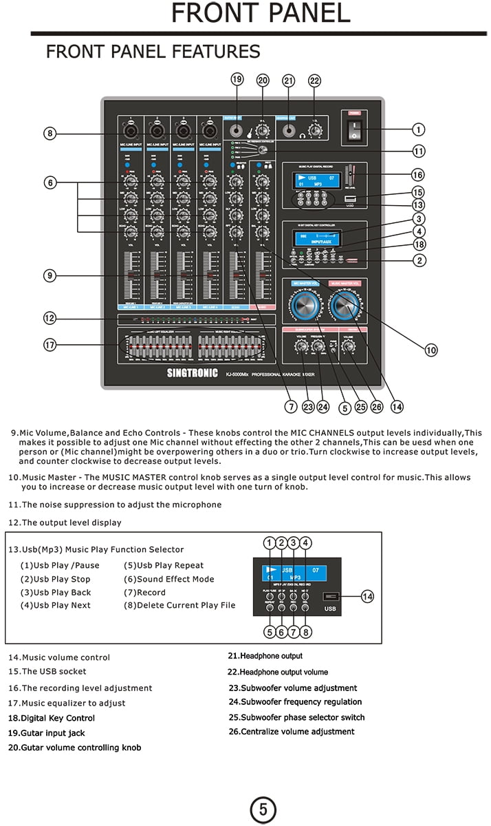 Singtronic KJ-5000Mix Professional KJ/DJ Digital Console Karaoke Mixer Board with Built-in HDMI-Arc, Optical, Bluetooth, Aux, Recording with Anti-Feedbacks