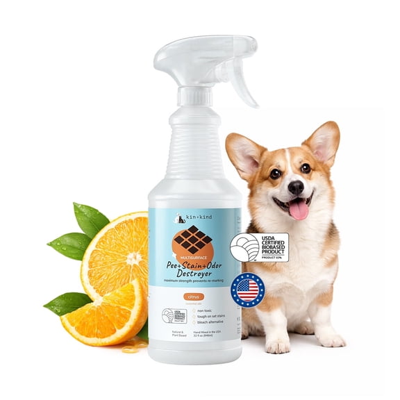 kin kind Pet Urine Cleaner for Dogs & Cats, Multisurface Cleaner, Stain & Odor Remover, Pet Urine Remover, Stops Re-Marking, Citrus, 32 fl oz