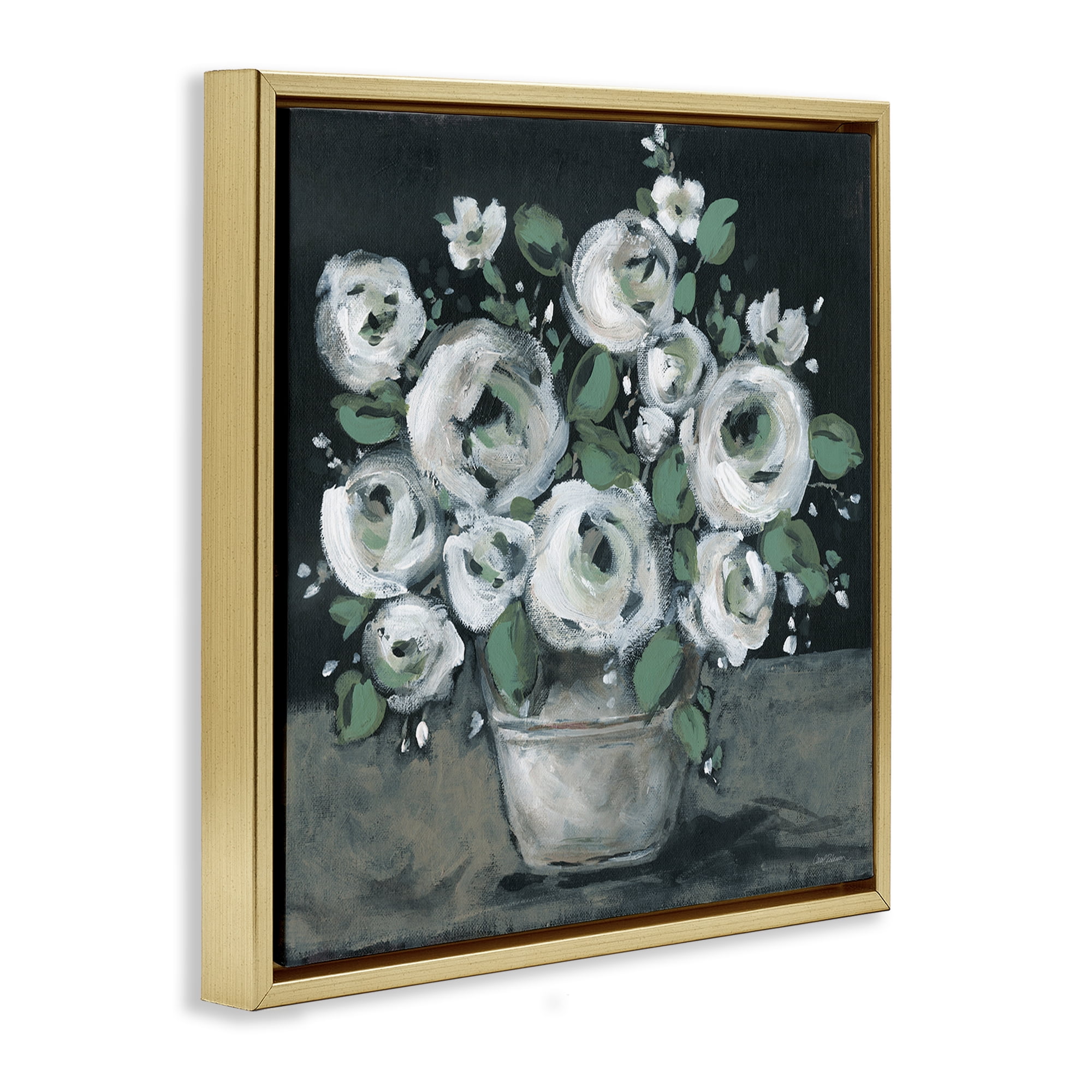 Stupell Industries Muted White Rose Bouquet Plants & Flowers Painting Gold Floater Framed Canvas Art Print Wall Art, 25 x 25